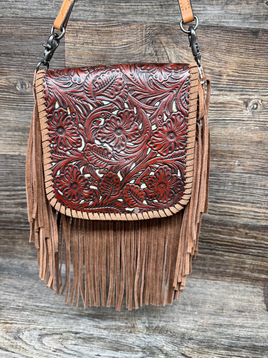 3002BR Brown Tooled Leather Crossbody Purse by Top Notch