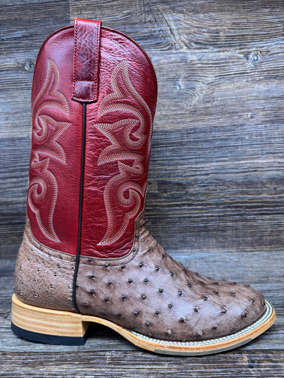 Men\'s Burgundy Ostrich Leather Western Boots - Classic Embroidered Shaft Men main image 2