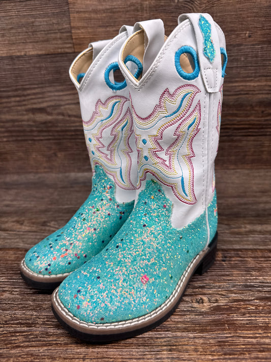VB9185 Girl's Blue Glitter Square Toe Western Boot by Old West