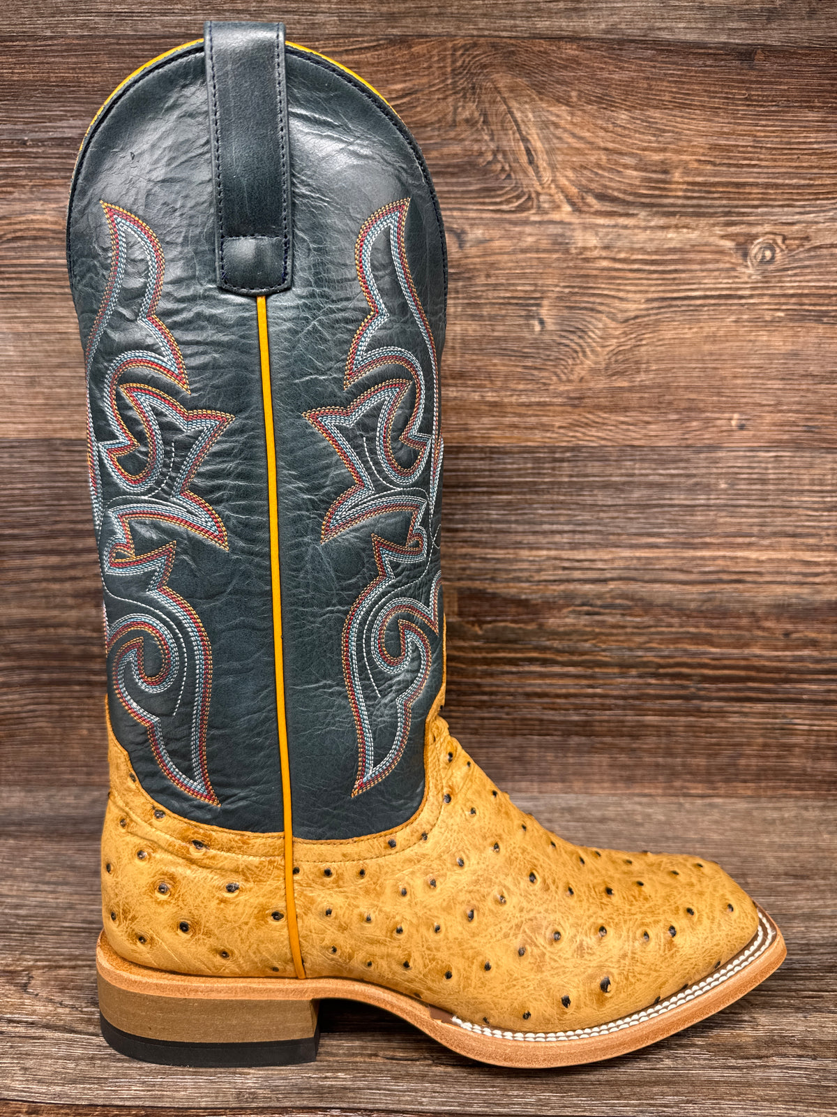 Cavender’s men’s round toe ostrich print western romper boots. Emiliano “ | Men Square Toe Western Boots Patchwork Ostrich  main image 2