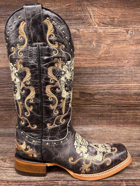 Z5005 Women's Black & White Sugar Skull Square Toe Western Boot by Corral