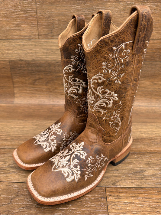 18177 Ladies Square Toe Western Boots with Floral Embroidery by Old West
