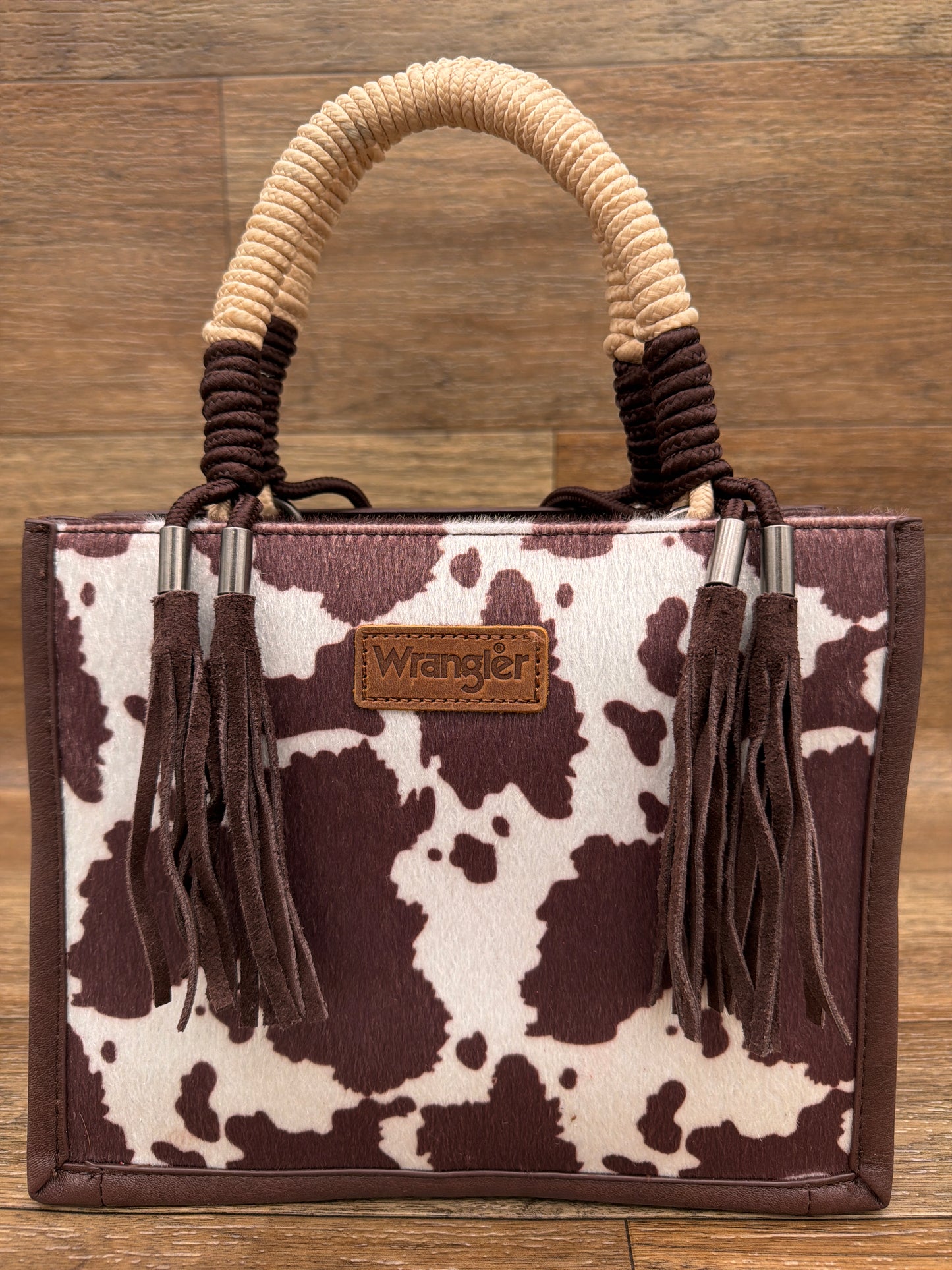 WG386-8120S Wrangler Cow Print Rope Handle Tote Bag by Montana West