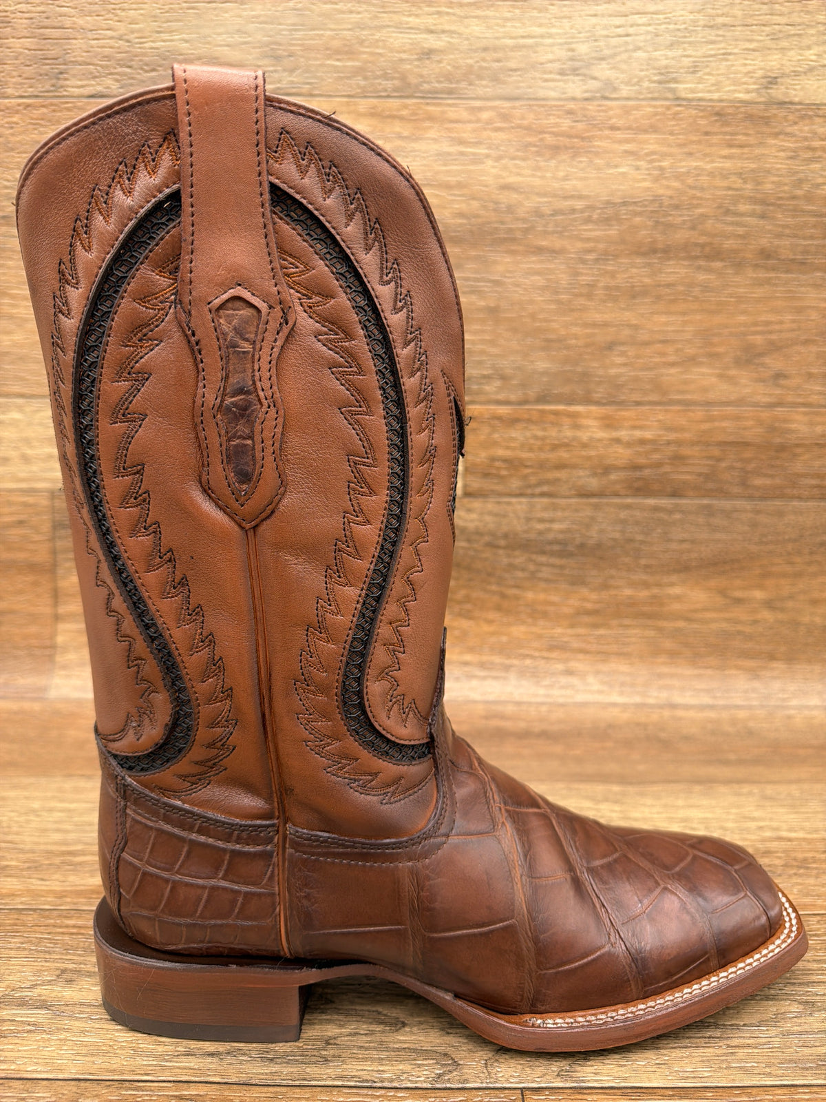 Men's Honey Alligator Inlay & Embroidered Square Toe Western Boot by Corral - side view