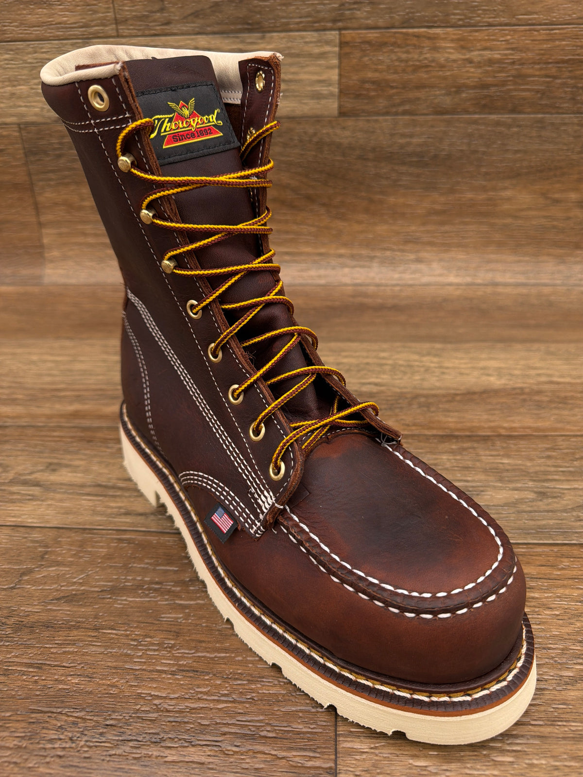 Men's American Heritage 8 inch Black Walnut Nano Moc Toe Work Boot by Thorogood - angle view