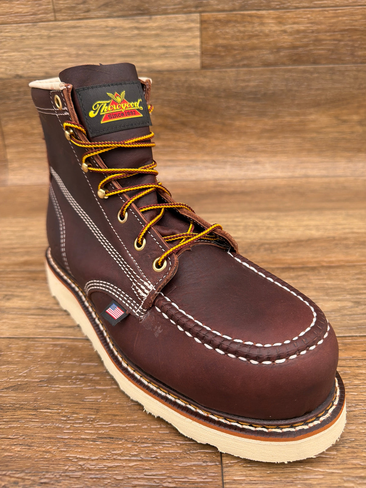 Men's 6 Inch Black Walnut Nano Toe Moc Wedge Work Boot by Thorogood - angled view