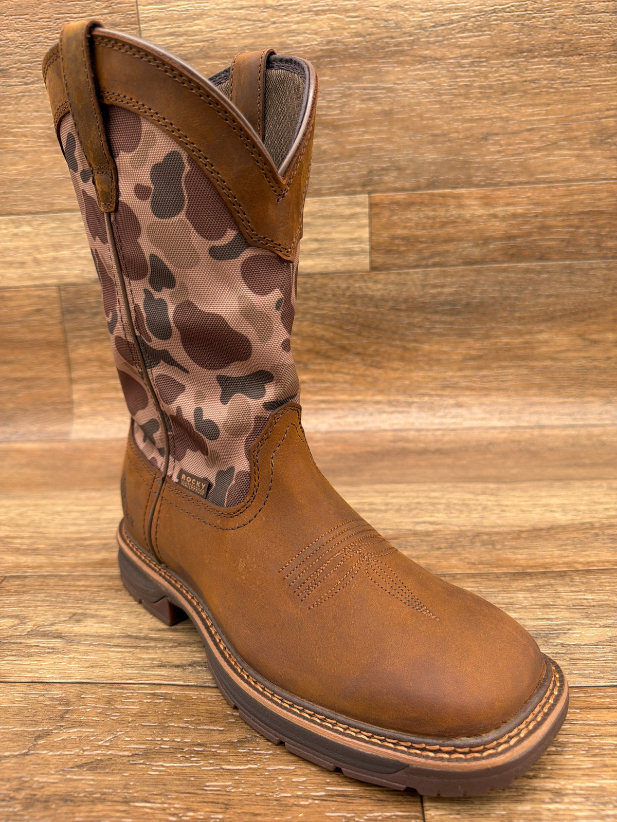 Rocky RKW0486 Ride LTE 11 inch waterproof duck camo western boot, angled view