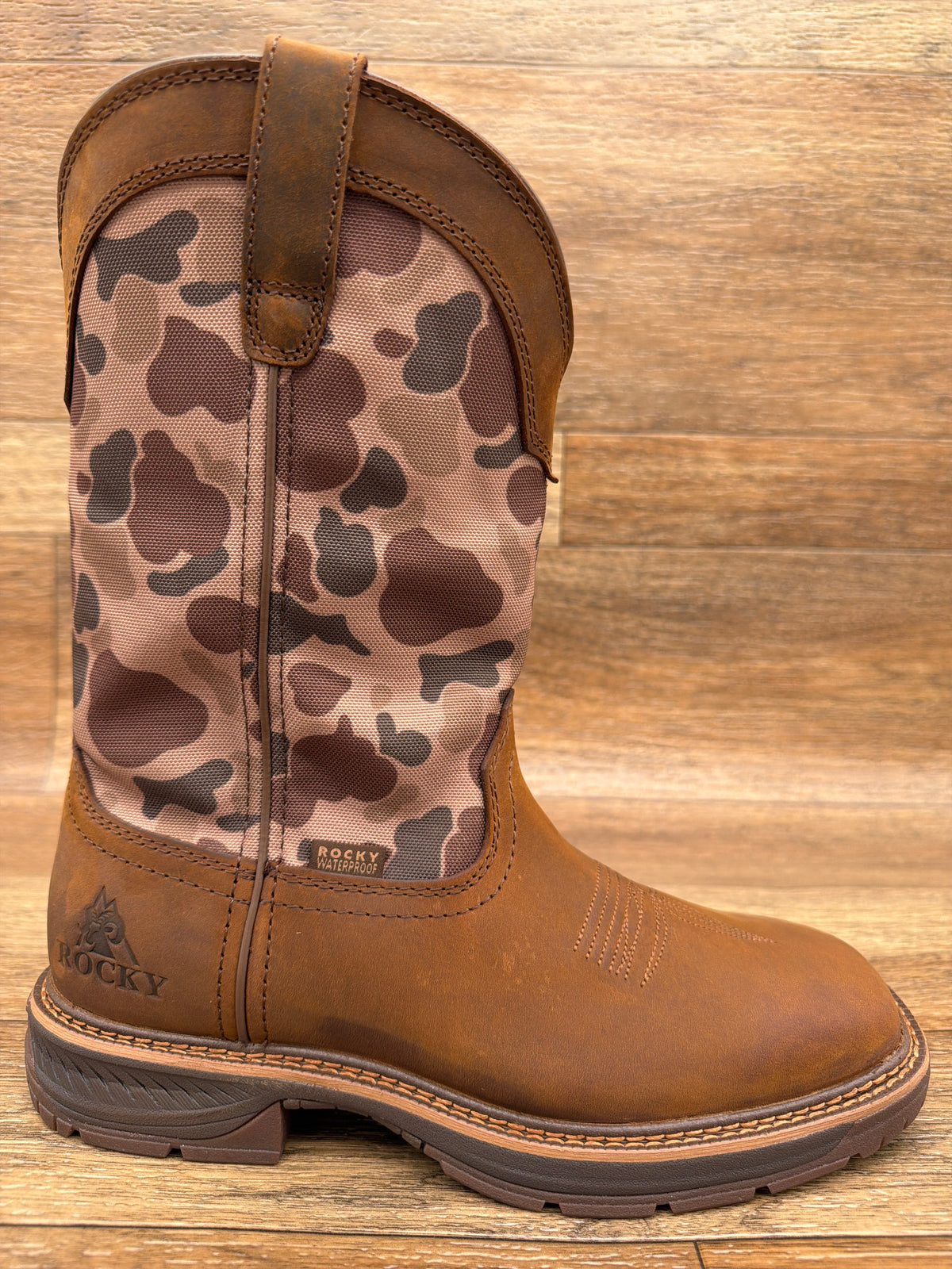 Rocky RKW0486 Ride LTE 11 inch waterproof duck camo western boot, side profile