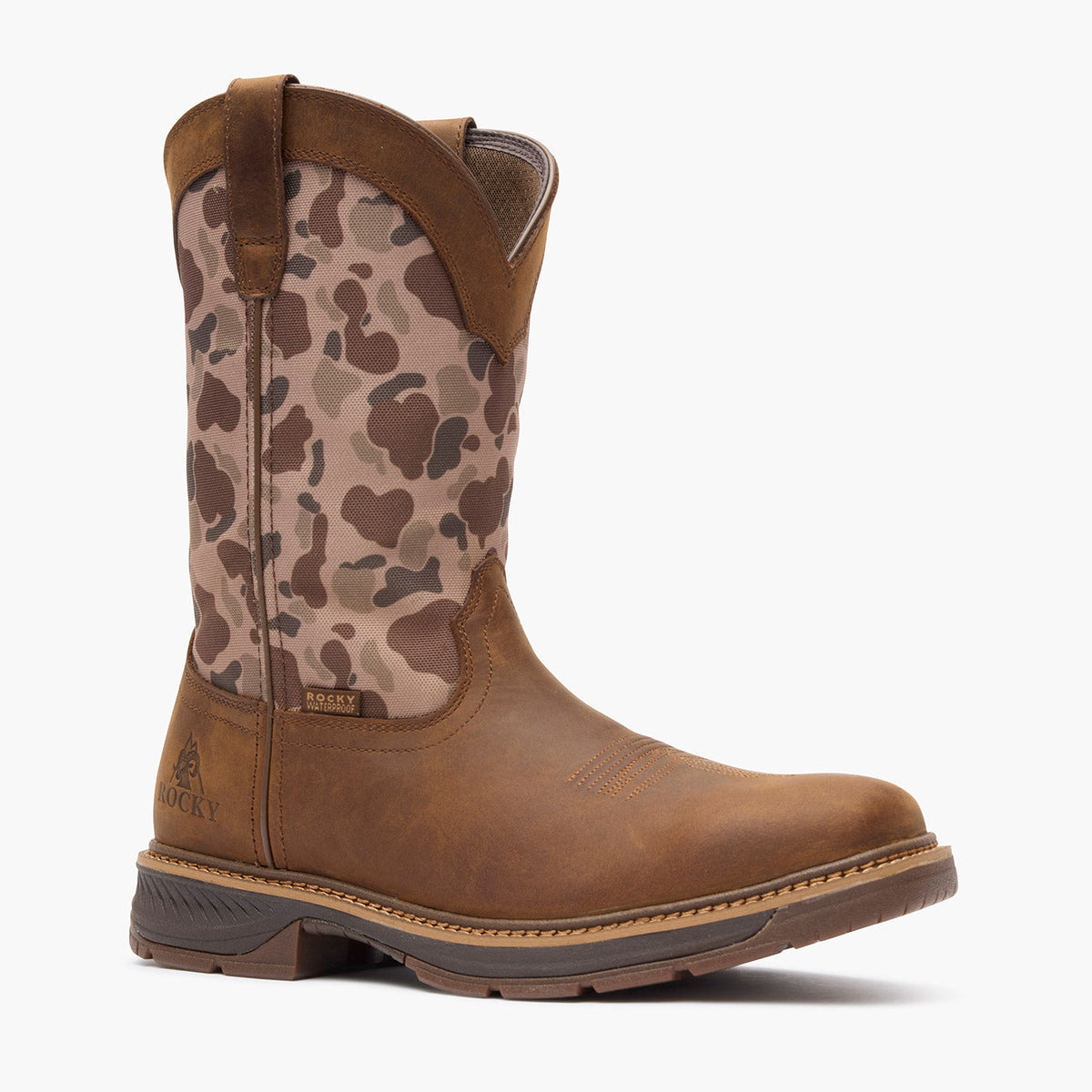 Rocky RKW0486 Ride LTE 11 inch dark brown and duck camo western boot angled view