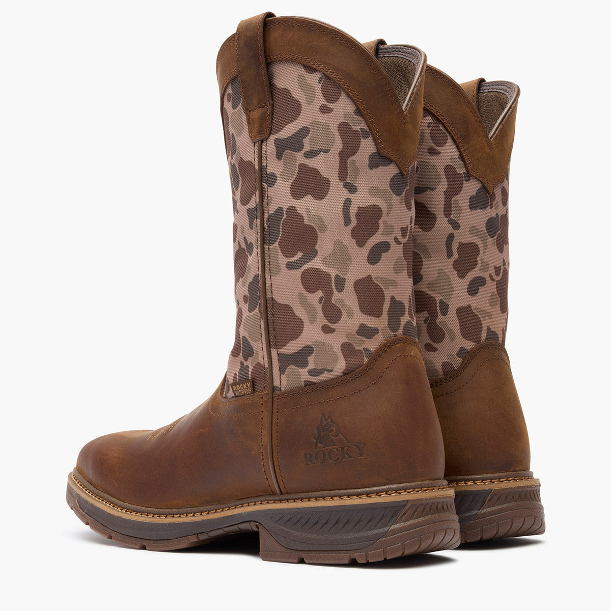 Rocky RKW0486 Ride LTE 11 inch dark brown and duck camo western boot back view