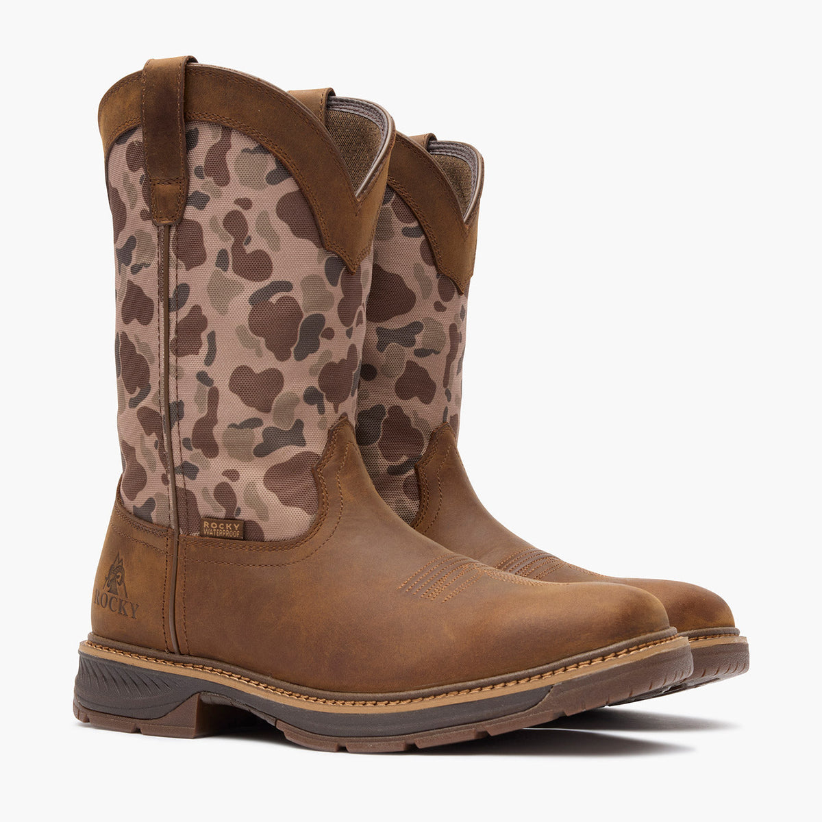 Rocky RKW0486 Ride LTE 11 inch dark brown and duck camo western boot front view