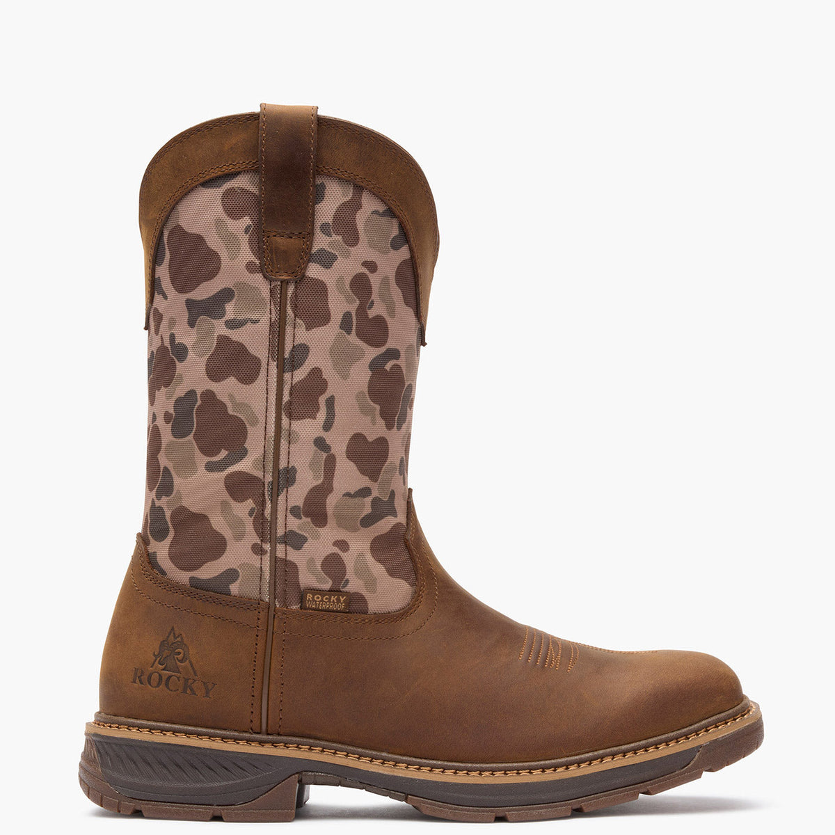 Rocky RKW0486 Ride LTE 11 inch dark brown and duck camo western boot outside profile