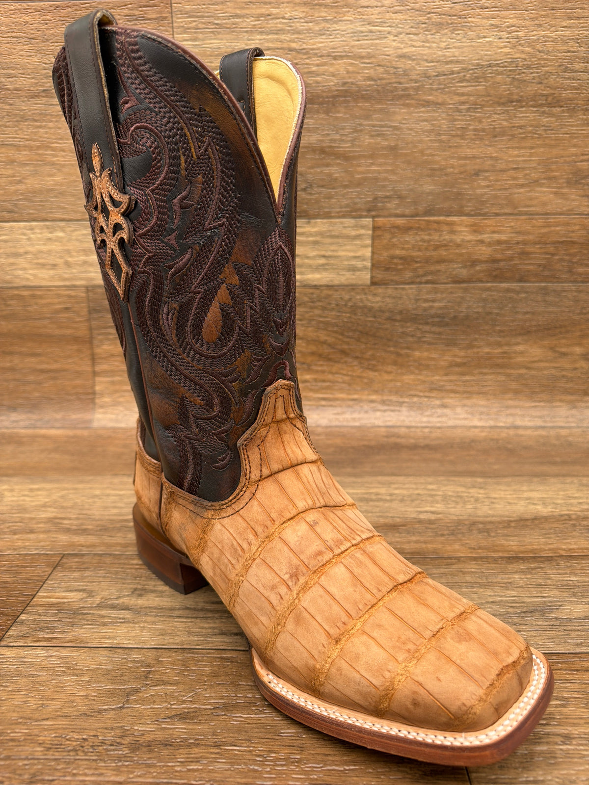 Men's Cognac Alligator Embroidered Wide Square Toe Western Boot by Corral - angle view