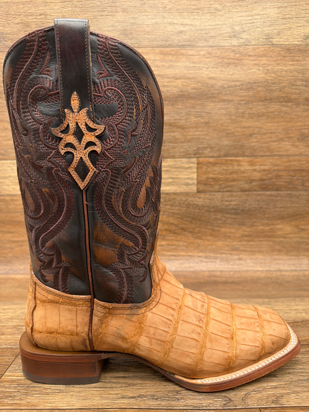 Men's Cognac Alligator Embroidered Wide Square Toe Western Boot by Corral - side view