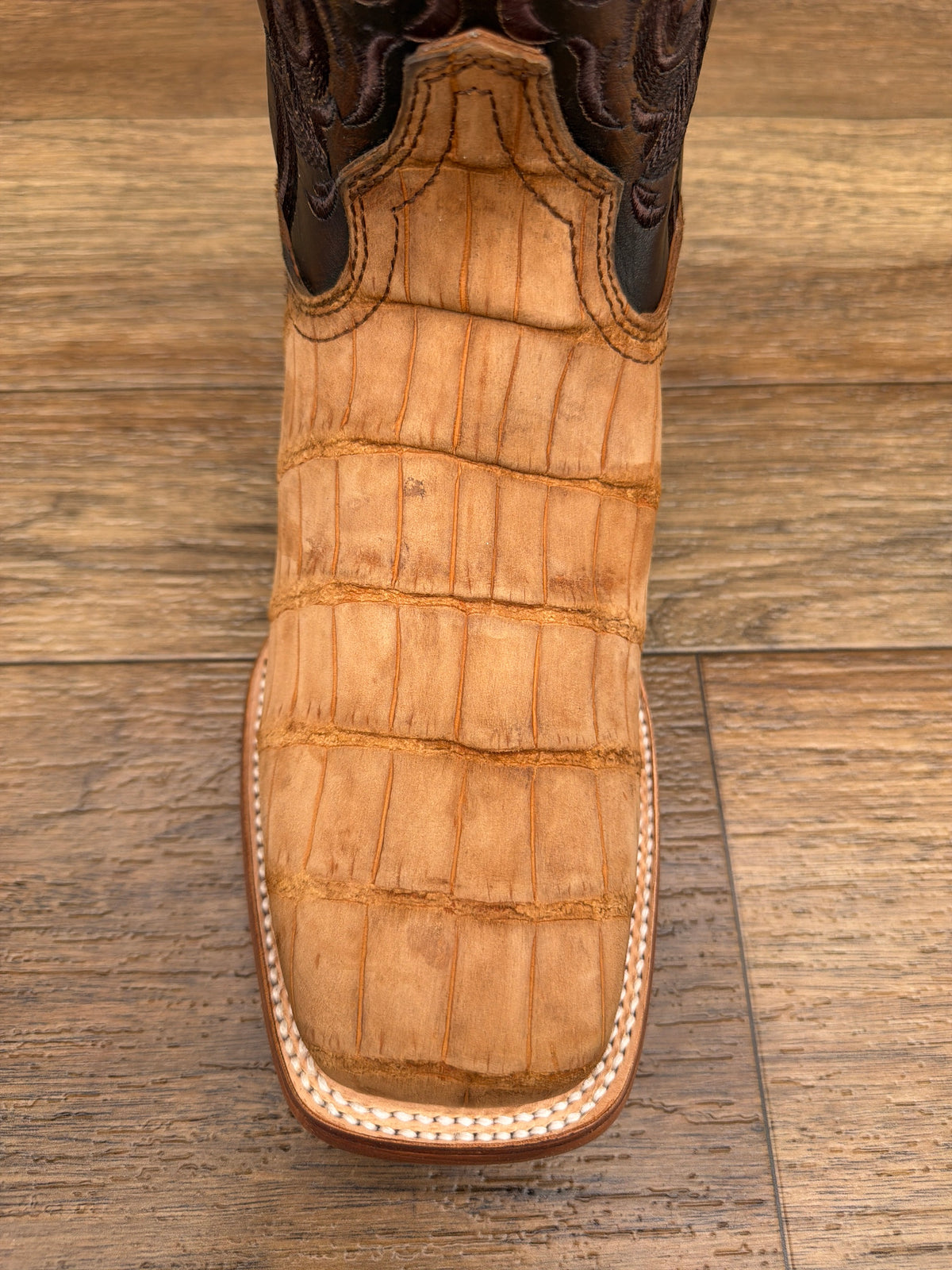 Men's Cognac Alligator Embroidered Wide Square Toe Western Boot by Corral - toe detail