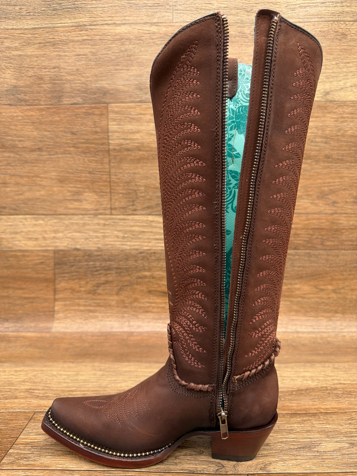 Women's Brown Embroidered Tall Top Western Boot by Corral - inside zipper view