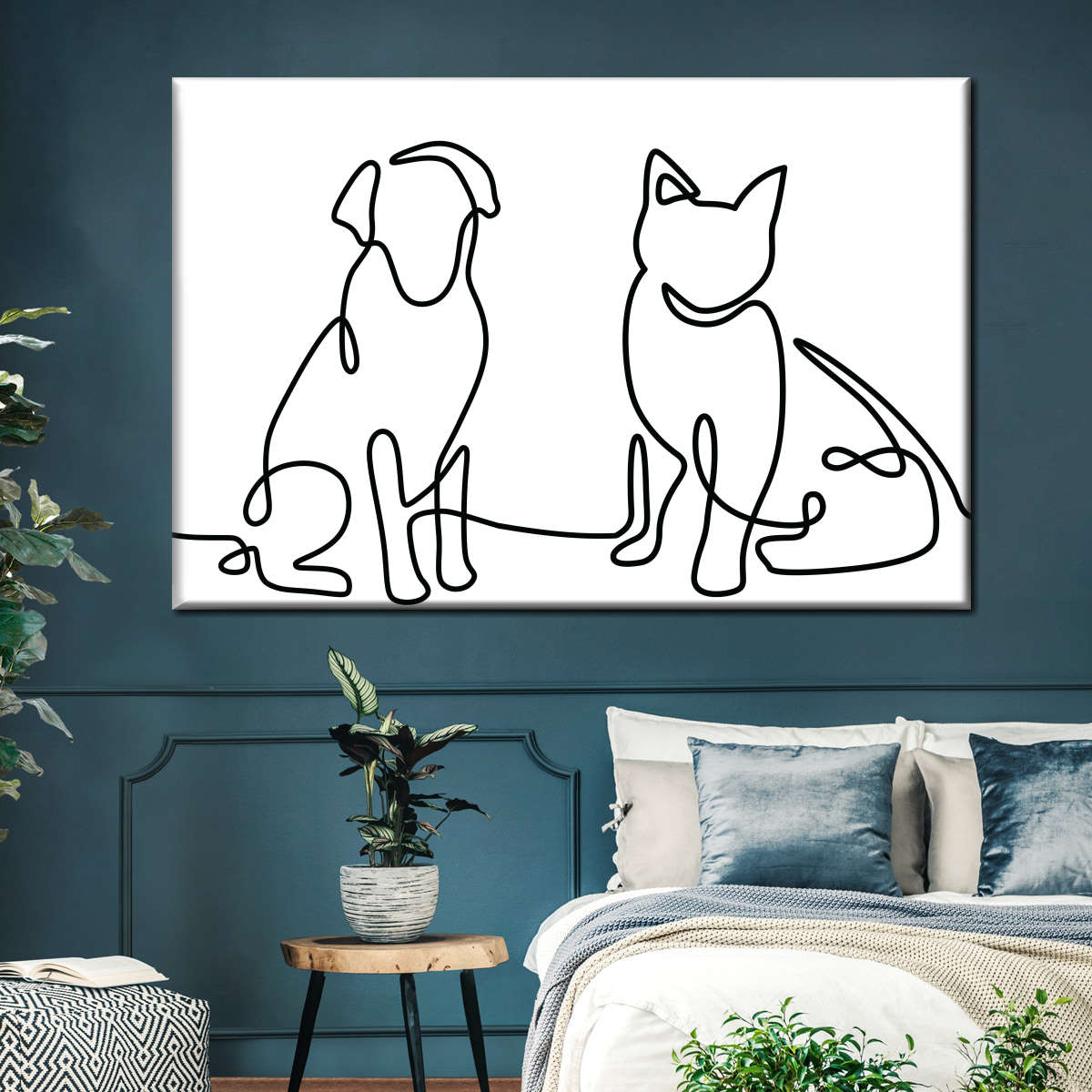 One Line Dog And Cat Wall Art