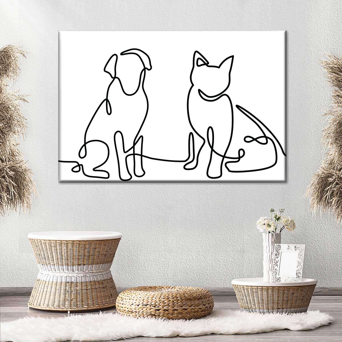 One Line Dog And Cat Wall Art