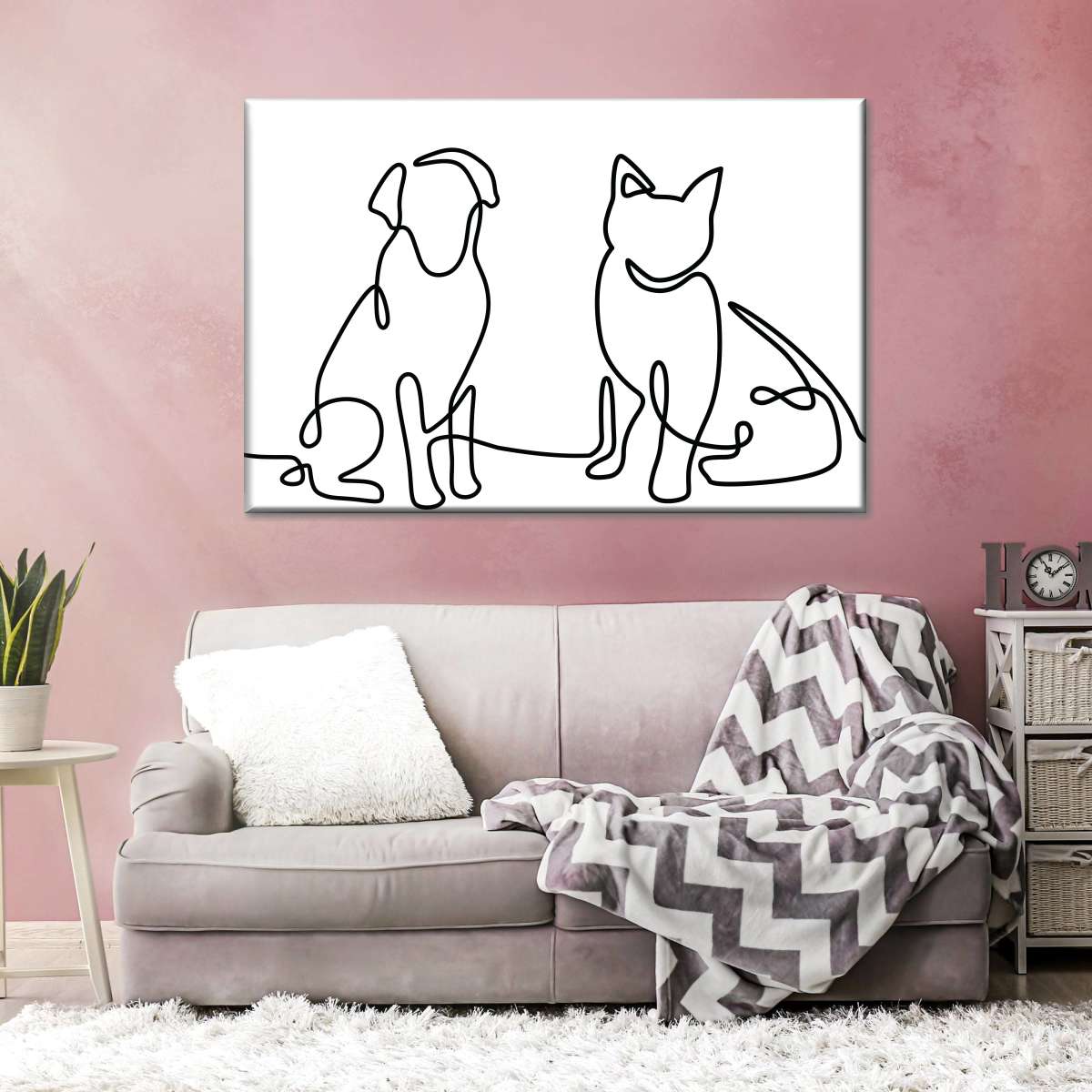 One Line Dog And Cat Wall Art