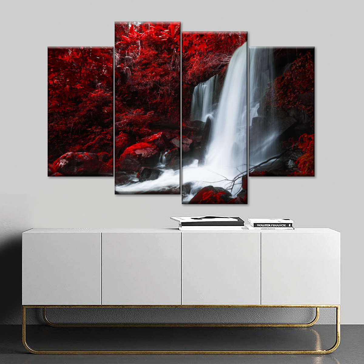 Red Autumn Waterfall Wall Art