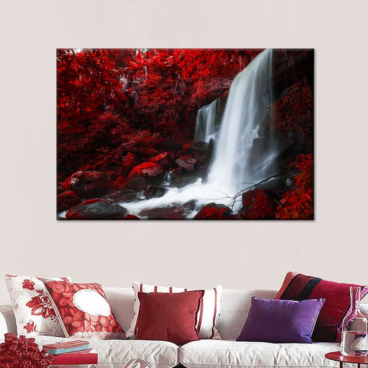 Red Autumn Waterfall Wall Art