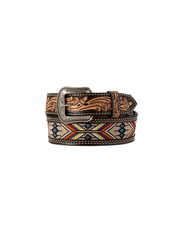 3D men's tapered belt with Southwest embroidered inlay, front