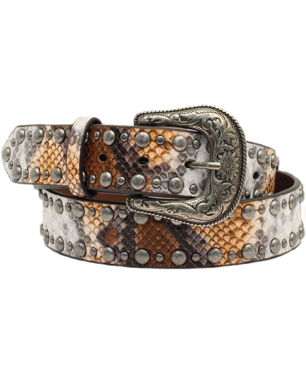Angel Ranch women's brown python print belt with nailheads, front