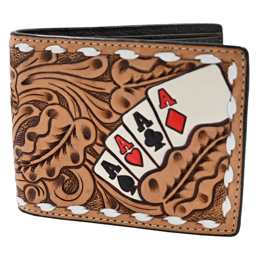 3D natural tooled bifold wallet with hand-painted ace cards, front