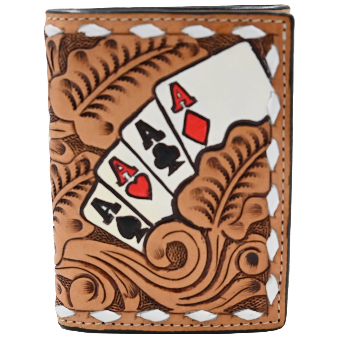 3D natural tooled trifold wallet with hand-painted ace cards, front