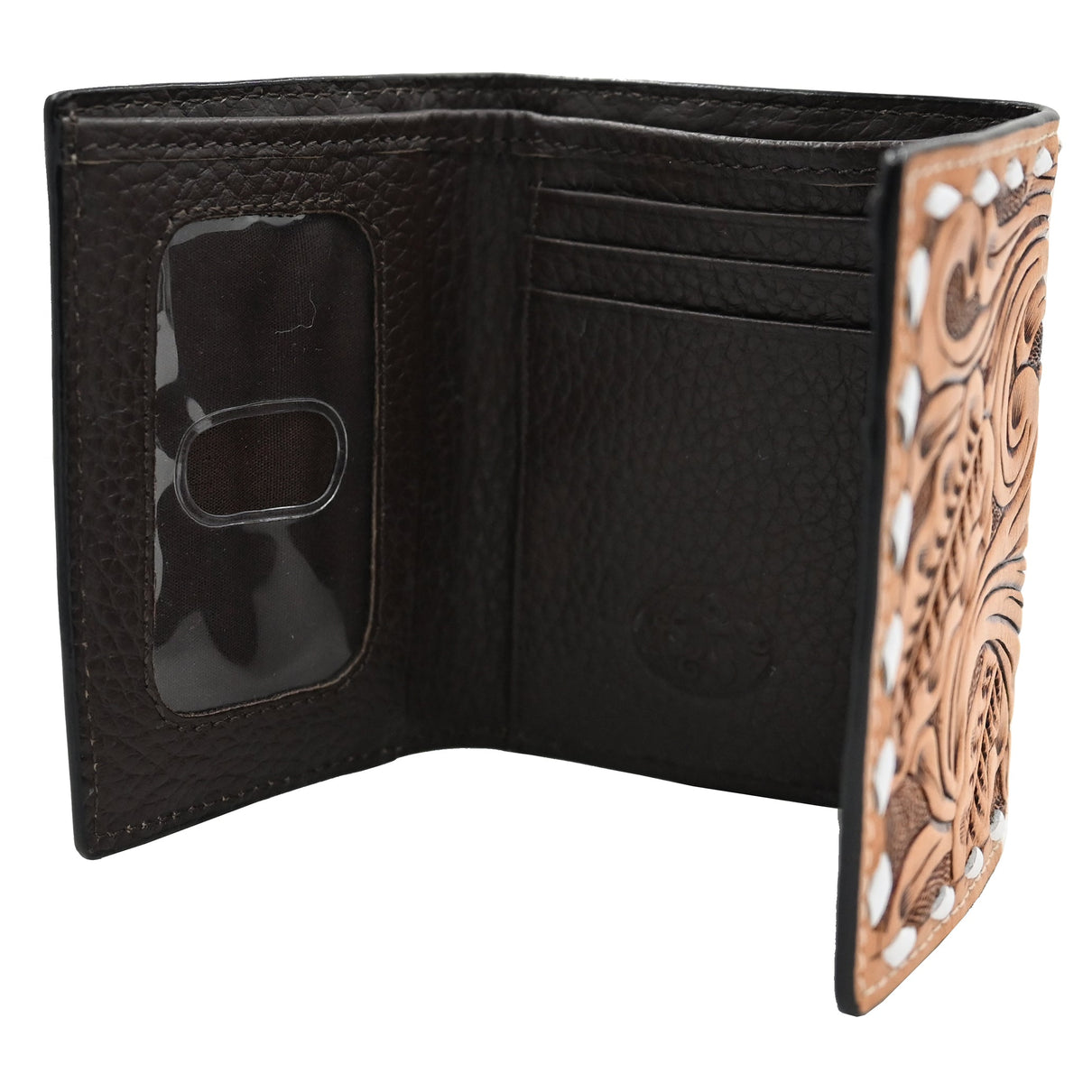 3D natural tooled trifold wallet with hand-painted ace cards, inside