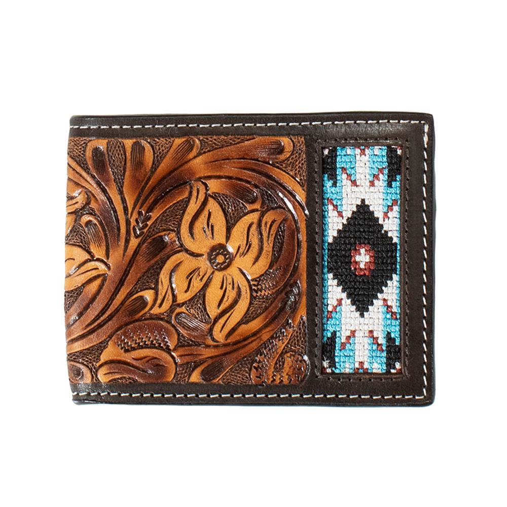 3D brown floral tooled bifold wallet with Southwest embroidered inlay, front