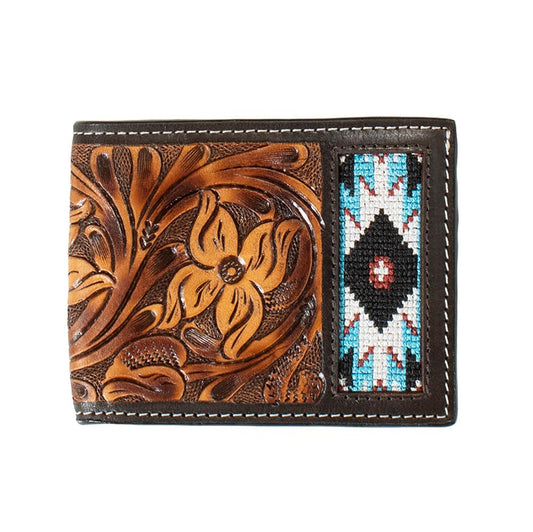 3D brown floral tooled bifold wallet with Southwest embroidered inlay, front
