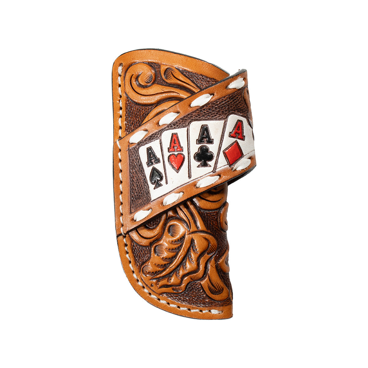 3D tan hand-tooled leather knife sheath with ace cards, front