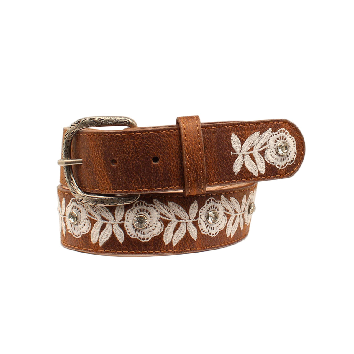 Angel Ranch women's brown belt with white floral embroidery, front