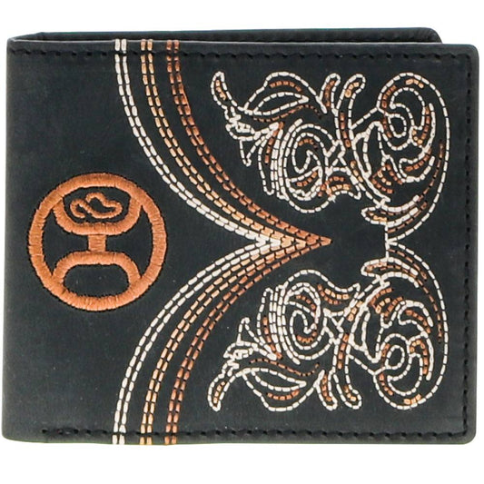 Hooey Ranger black bifold wallet with boot stitch embroidery, front