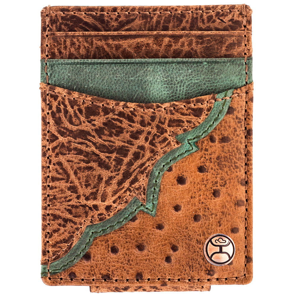 Hooey Sawyer tan and turquoise ostrich print money clip wallet, front