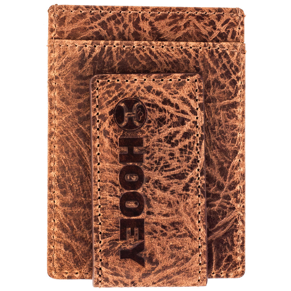 Hooey Sawyer tan and turquoise ostrich print money clip wallet, back
