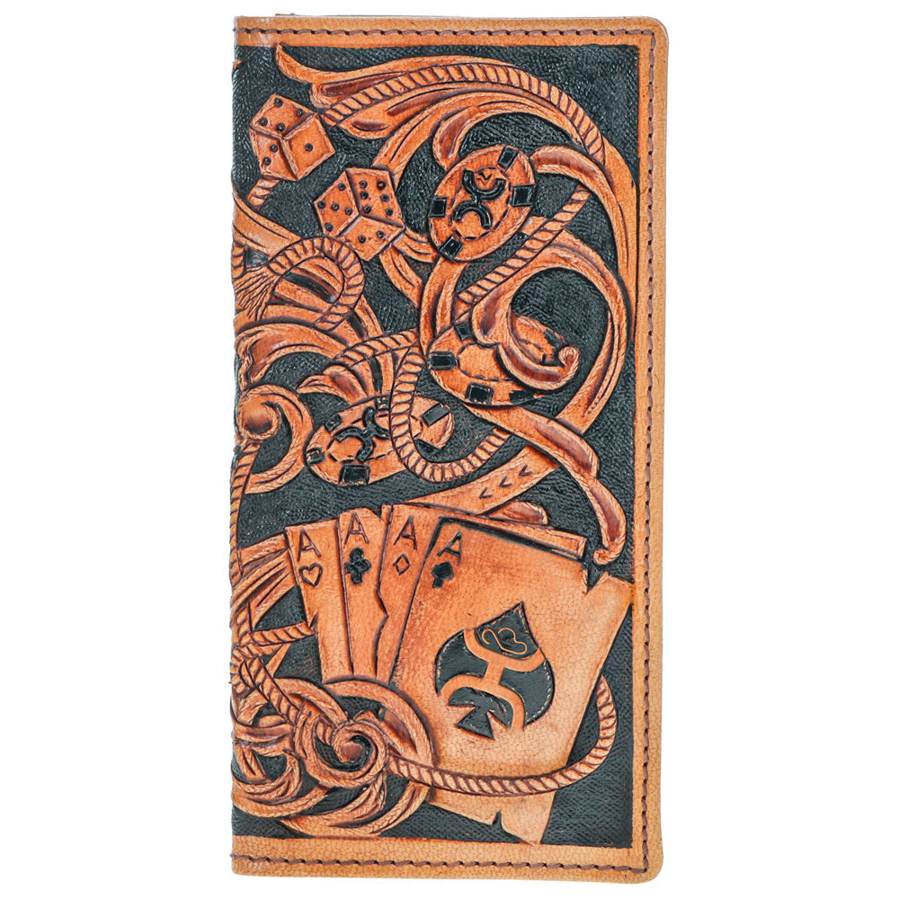 Hooey Gambler tan tooled rodeo wallet with playing cards, front