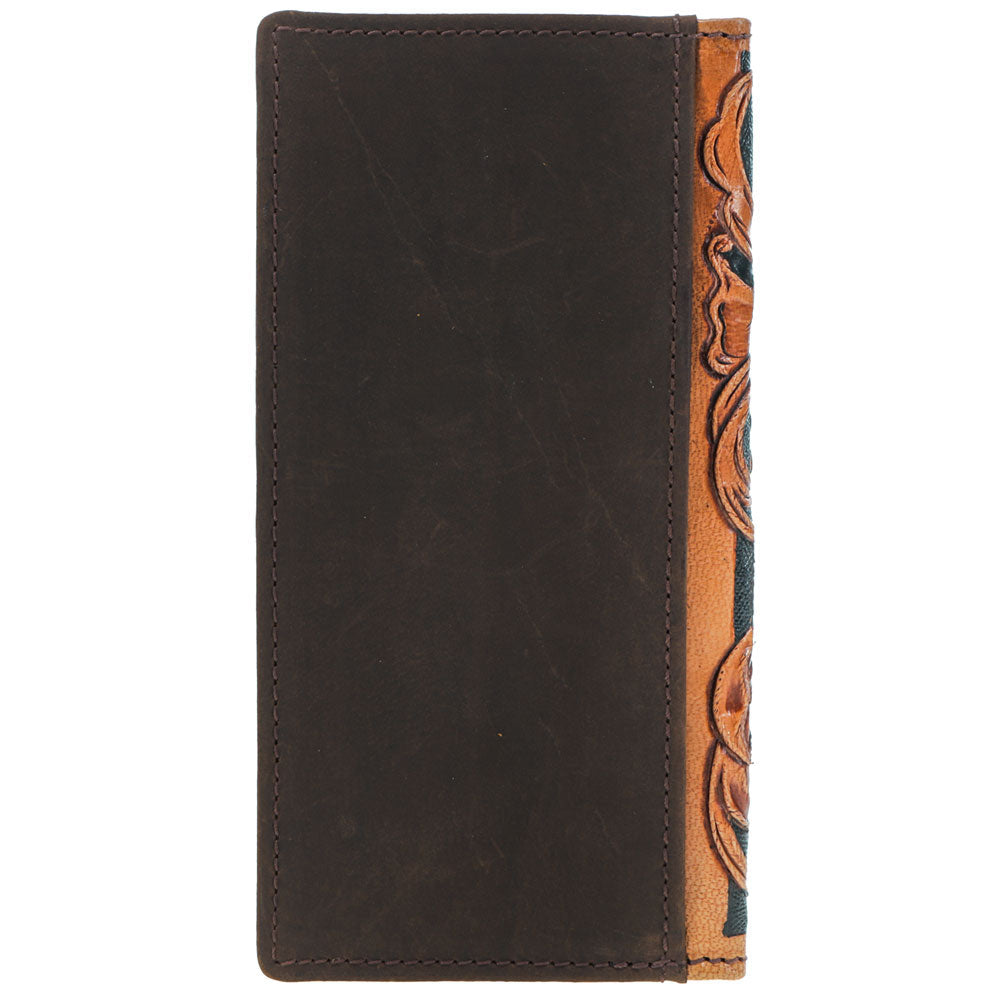 Hooey Gambler tan tooled rodeo wallet with playing cards, back
