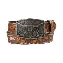 Nocona women's brown western belt with longhorn buckle, front