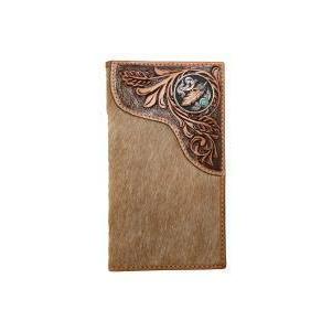 Nocona calf hair rodeo wallet with tooled overlay and feather concho, front