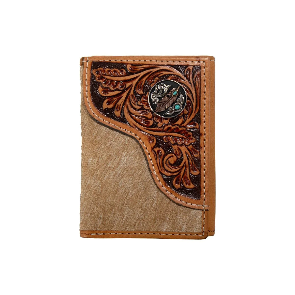 Nocona calf hair trifold wallet with tooled overlay and feather concho, front