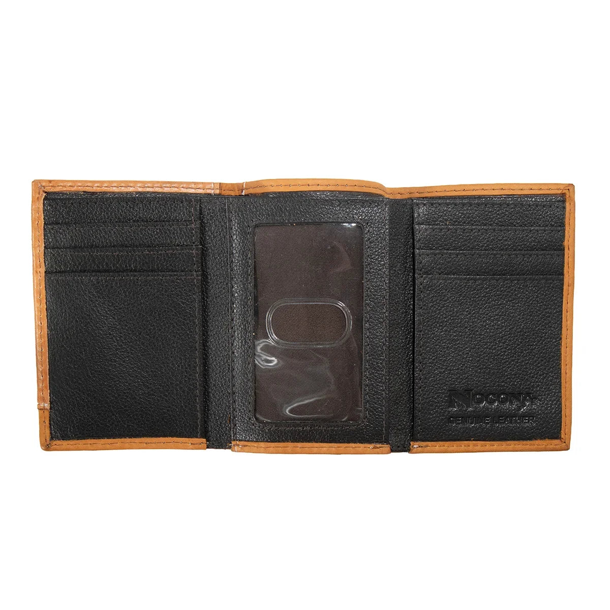 Nocona calf hair trifold wallet with tooled overlay and feather concho, inside