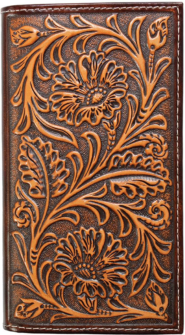 Nocona brown floral embossed rodeo wallet, front