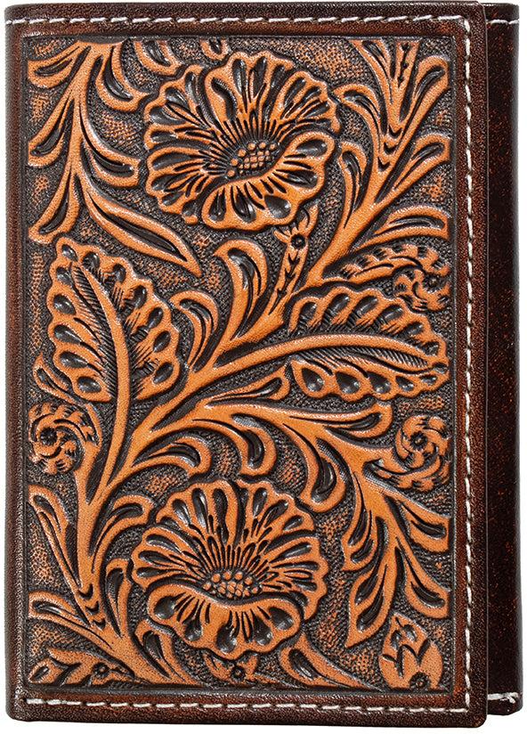 Nocona brown floral embossed trifold wallet, front