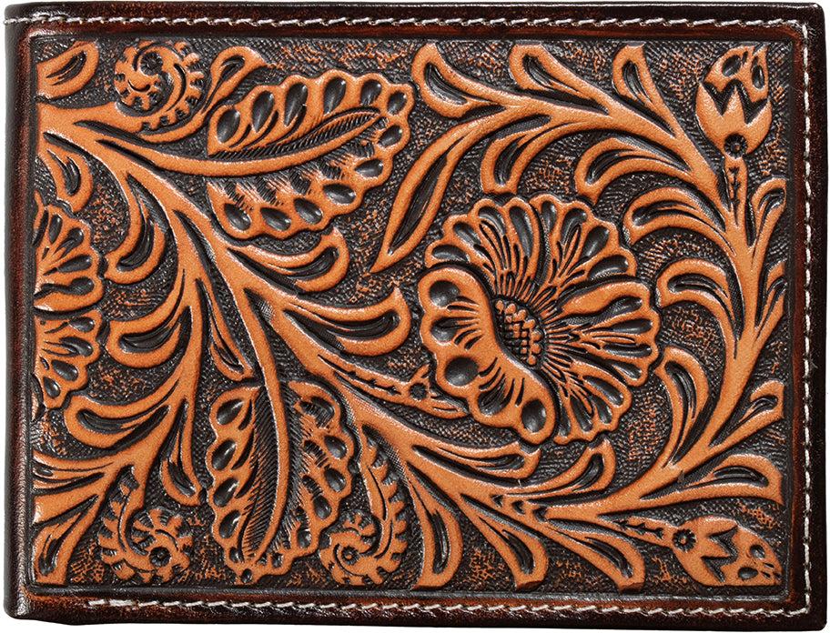 Nocona brown floral embossed bifold wallet with pass case, front