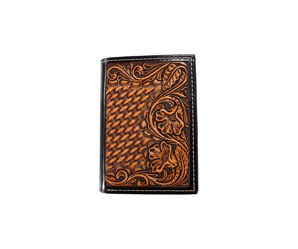 Nocona brown basketweave floral embossed trifold wallet, front