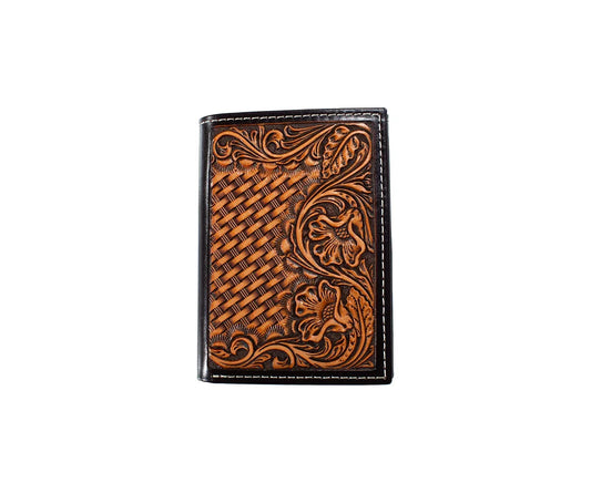 Nocona brown basketweave floral embossed trifold wallet, front
