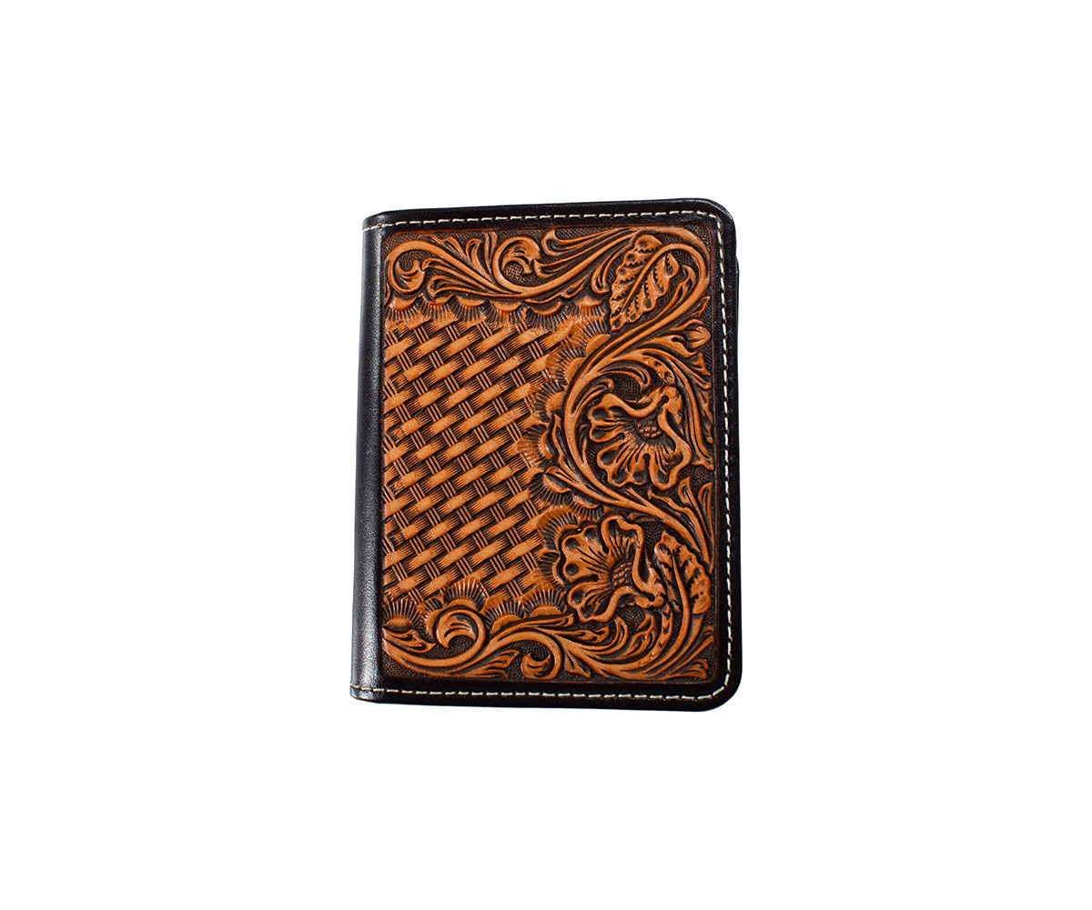 Nocona brown basketweave floral embossed bifold flip wallet, front