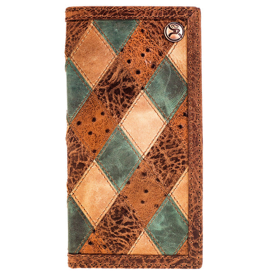 Hooey Roughy Ouray brown and turquoise patchwork rodeo wallet, front